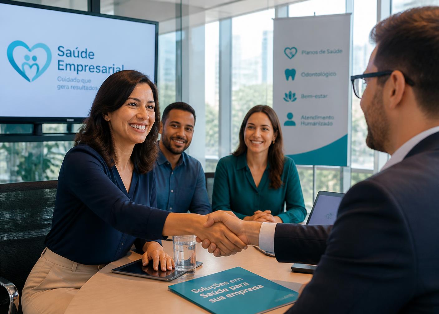 Equipe empresarial em reunião com consultor de plano de saúde